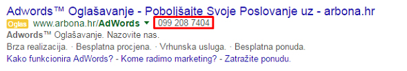 Primjer Google Search oglasa s call ekstenzijom na Google rezultatima pretrage