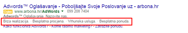 Primjer Google Search oglasa s callout ekstenzijom na Google rezultatima pretrage