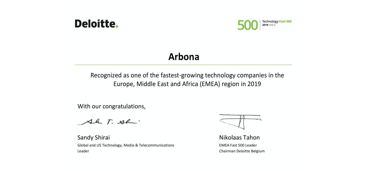 Deloitte priznanje za Arbonu, simbolizirajući izvrsnost i uspješnost u poslovanju