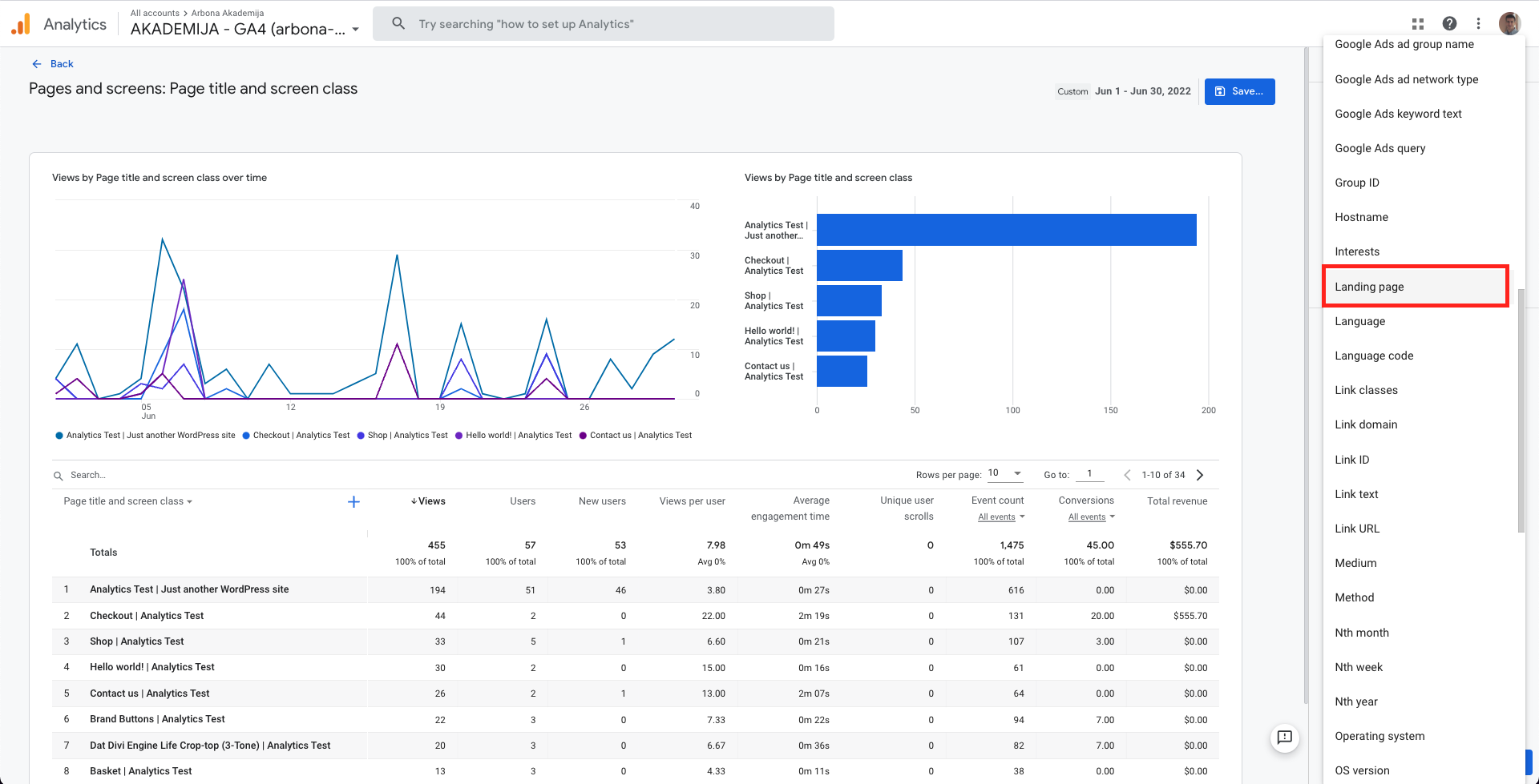 Dodavanje dimenzija u izvještaj landing page report