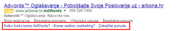 Primjer Google Search oglasa s sitelinks ekstenzijom u Google stranici rezultata