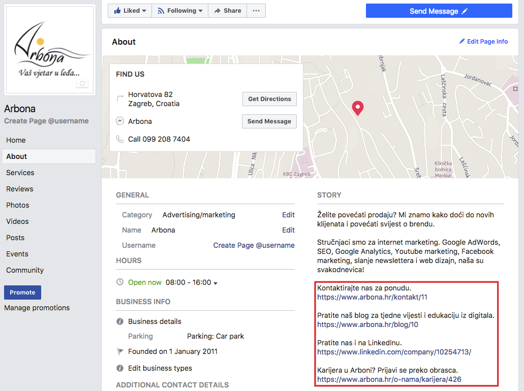 Arbona blog: Blog post u About Facebook podstranici