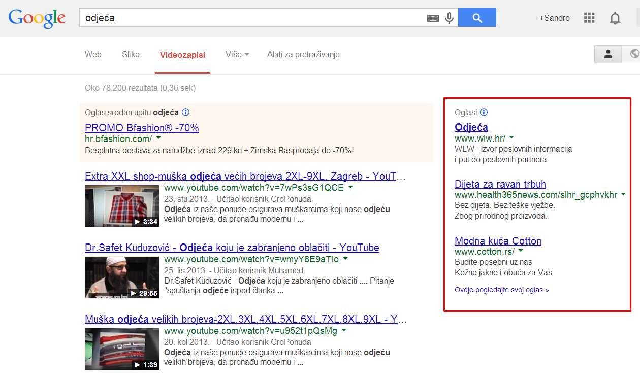 Primjer Google Search Network oglasa za upit "odjeća" na Google stranici s rezultatima