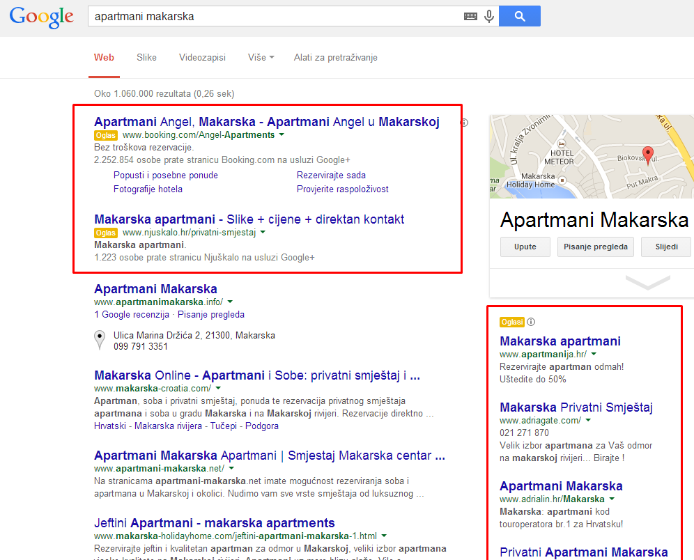 Primjer Google Search Network oglasa na Google stranici s rezultatima
