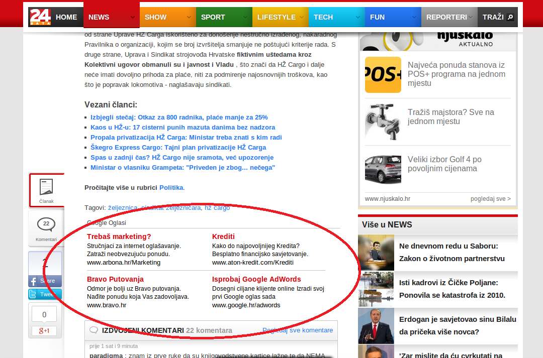 Primjer Google Display Network oglasa na portalu 24 sata