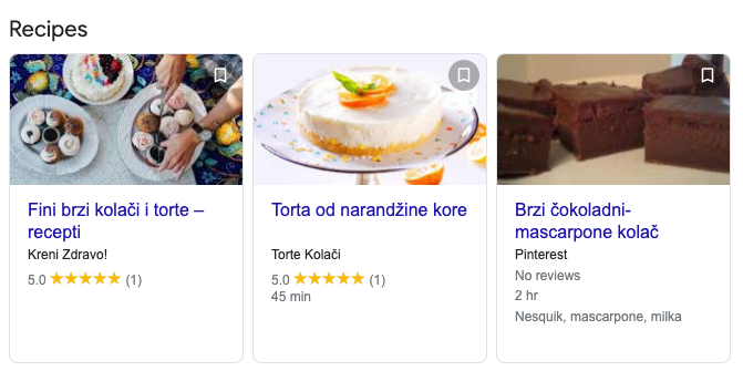 Carousel Cards rich snippet u rezultatima pretrage na Google-u (prikaz recepata)