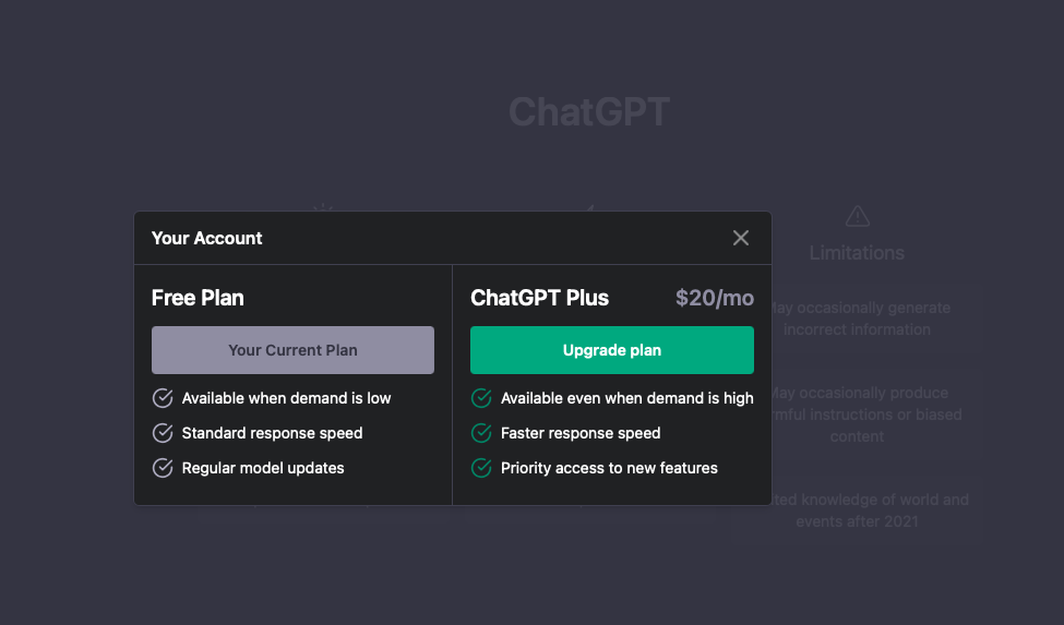 Prikaz besplatne i plaćene verzije ChatGPT alata