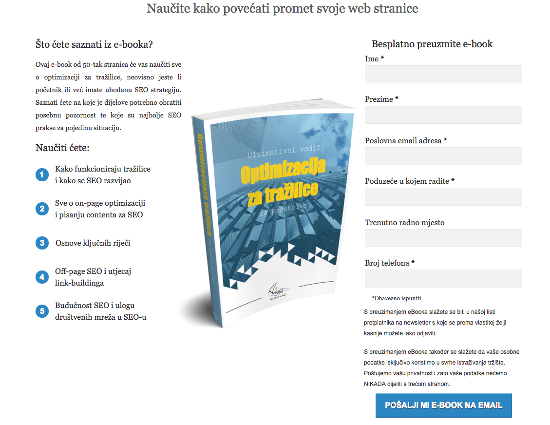 Poziv na akciju, online obrazac za seo ebook