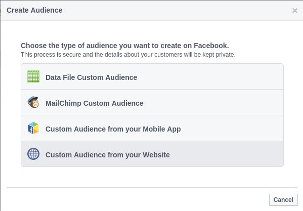 Prozor za izradu custom audience na Facebook