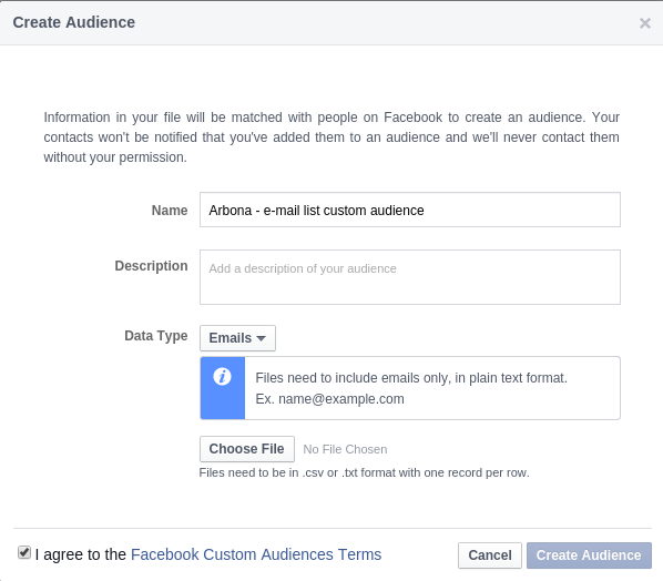 Prozor za izradu custom audience na Facebook