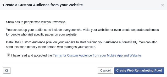 Prozor za izradu custom audience iz web stranice za Facebook Remarketing Pixel