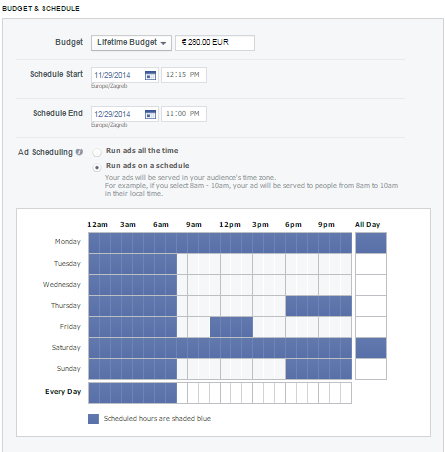 Raspored oglašavanja u Facebook Power Editor alatu