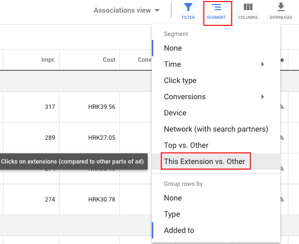 Google Ads mjerni podaci za sitelinkove