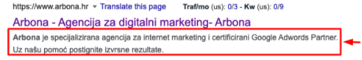 Ispravno napisan meta opis u rezultatima pretrage.