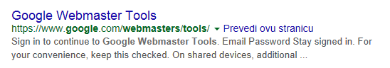 Google Webmaster Tools u Google rezultatima pretraživanja