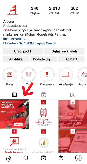 Prikaz pinned posta o Akademiji digitalnog marketinga na Arboninom Instagram profilu