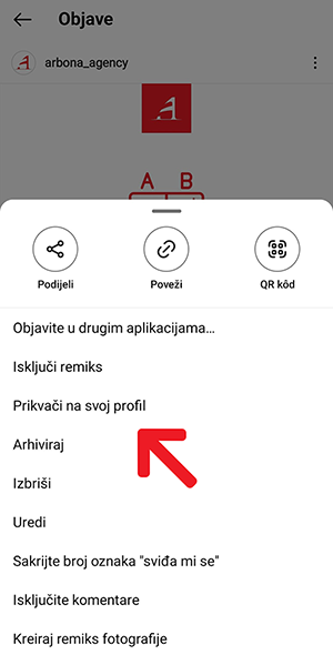 Zaslon s prikazom prikvačenja određenih objava na Instagram profil