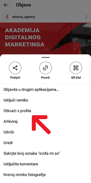 Zaslon s prikazom otkvačenja određenih objava s Instagram profila