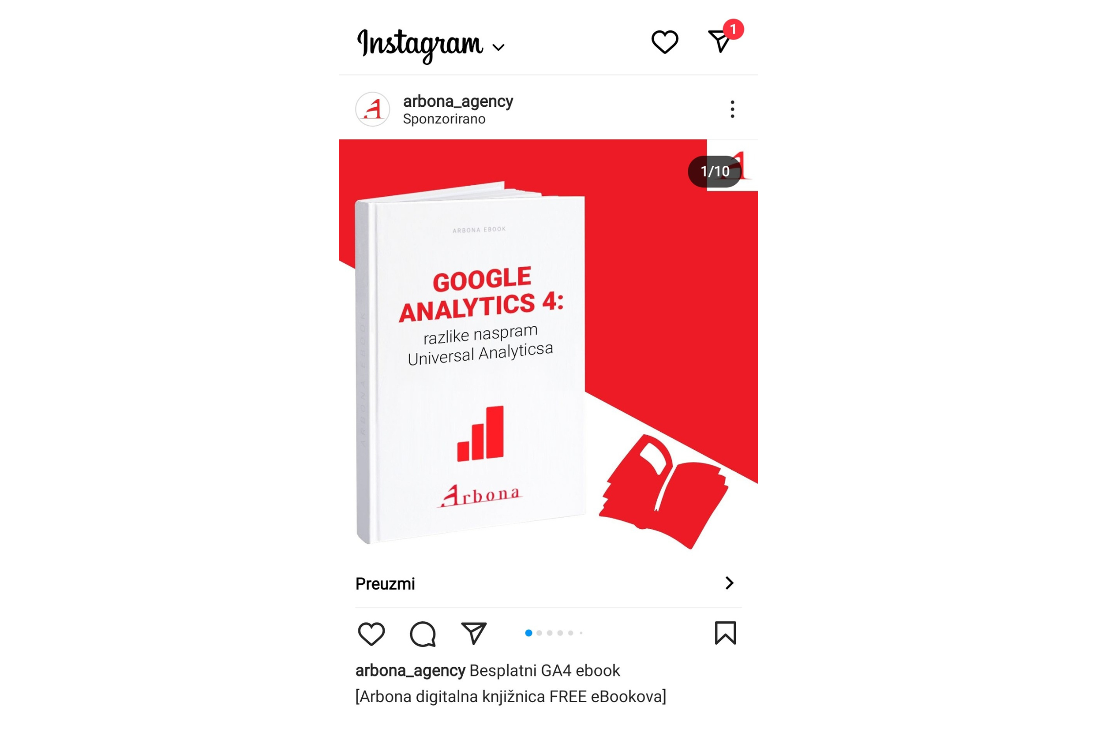 Primjer Instagram oglasa GA4 e-book na Arboninom profilu