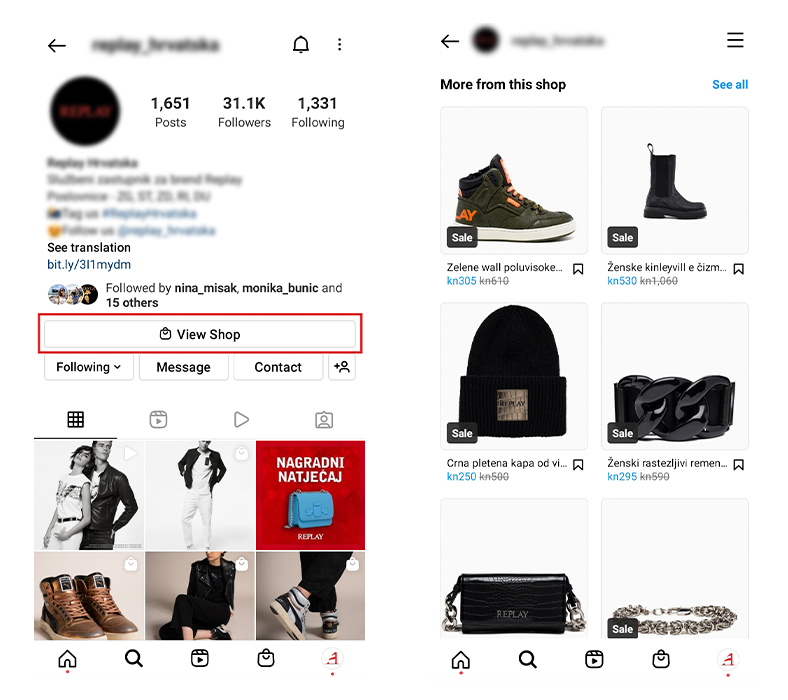 Prikaz Instagram Shopa s postavljenim linkom na profilu