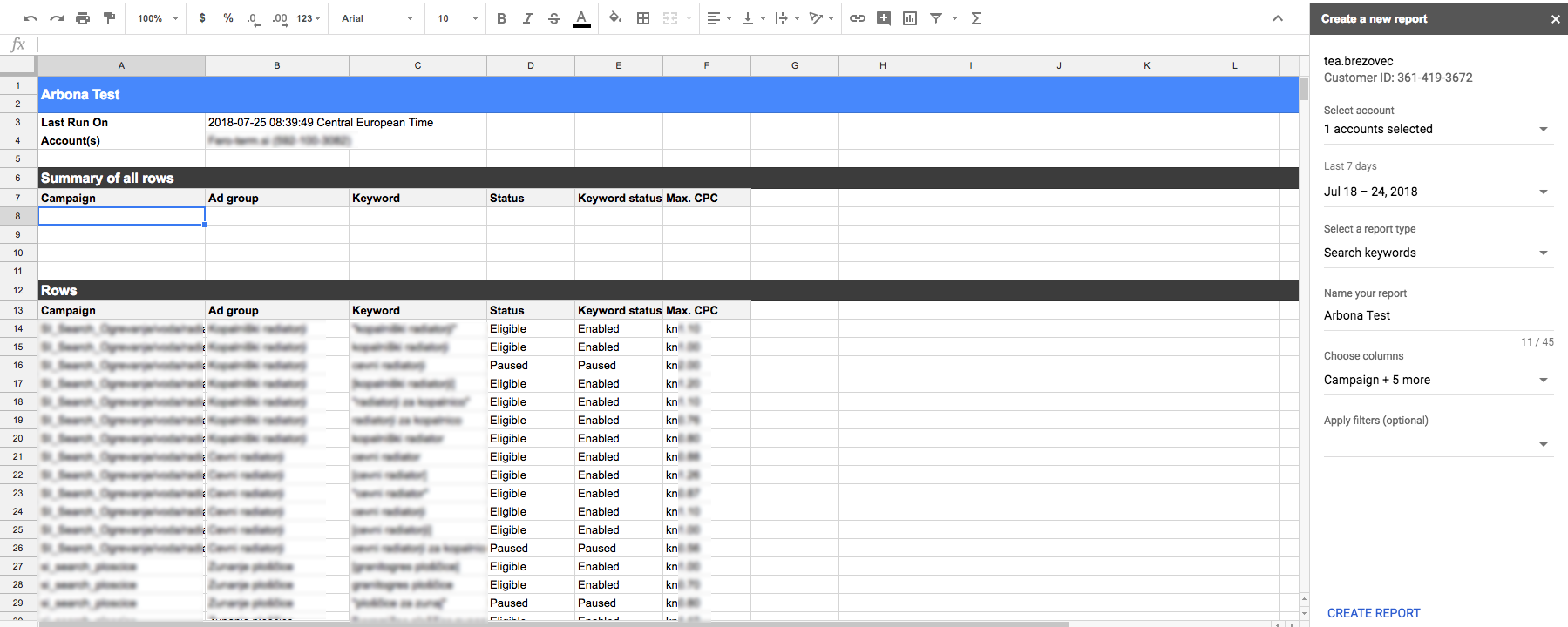 Google Sheets izvještaj iz Google Adsa