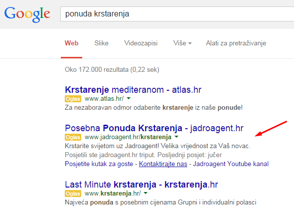 Primjer Google Search oglasa s dinamičkom keyword insertion opcijom za pojam "ponuda krstarenja"