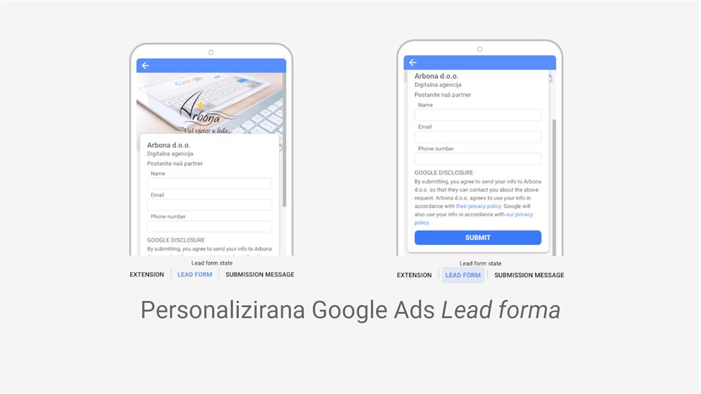 Primjer Google Ads oglasa s personaliziranom lead form ekstenzijom