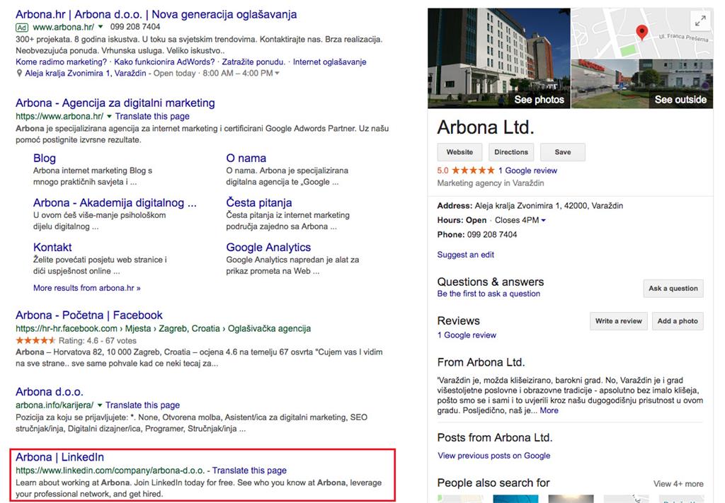 Linkedin profil Arbone na Google tražilici