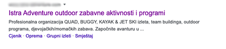 Mini-Sitelinks rich snippet u tražilici (Outdoor zabavne aktivnosti)