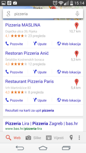 Prikaz mobilnih Google search oglasa za pojam "pizzeria"