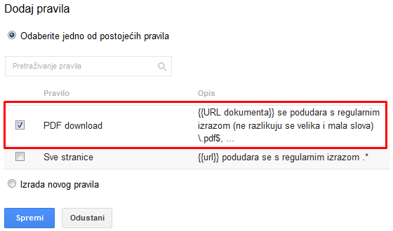 Odabir pravila za praćenje preuzimanje PDF datoteka u Google Tag Manager