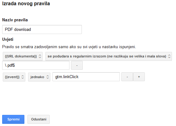 Postavke pravila za praćenje preuzimanje PDF datoteka u Google Tag Manager