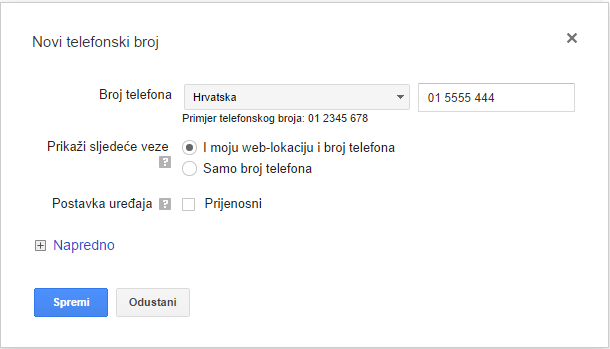 Postavke Google Adwords click-to-call oglasa