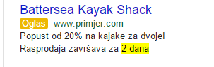 Primjer Google Search oglasa s countdown funkcijom