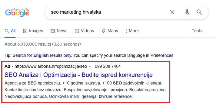 seo marketing hrvatska rezultati pretraživanja