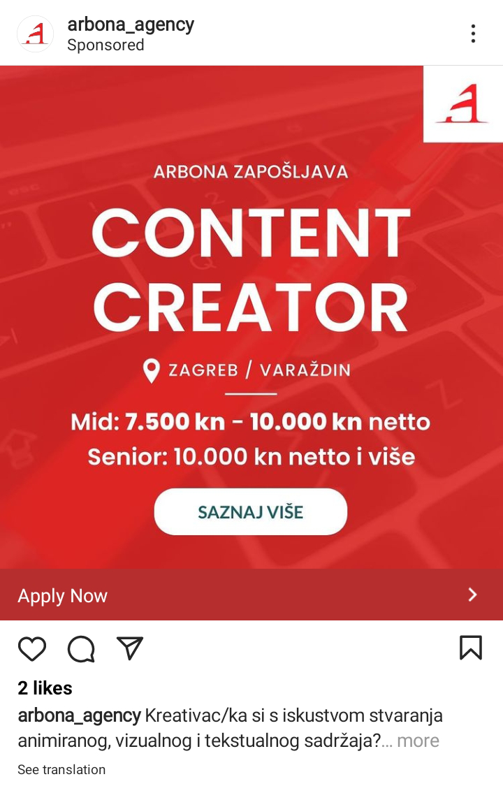 Instagram objava arbona_agency za content creatora
