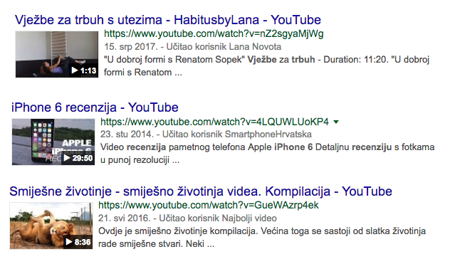 Primjeri rezultata pretraživanja za Google