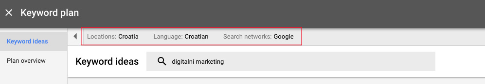 Sučelje Google Keywords Plannera