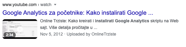 Video rich snippet u rezultatima pretrage na Google-u