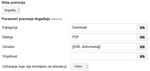 Postavke vrste praćenja i parametara praćenja u Google Tag Manageru za dokumente (PDF, Word...)