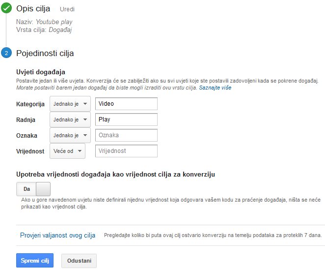 Definiranje kategorije i radnje cilja u Google Analyticsu
