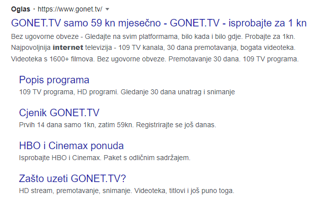 Prikaz rezultata Google Ads kampanje za GONET TV